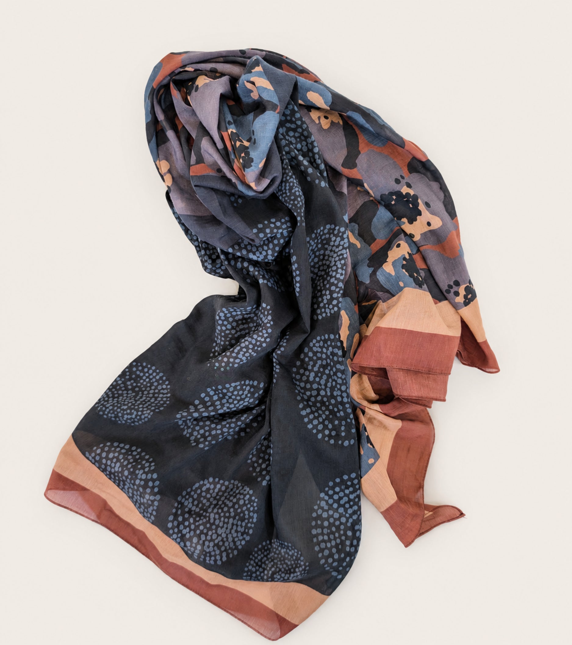 Grey chalkboard-style scarf with polka dots and flowers
