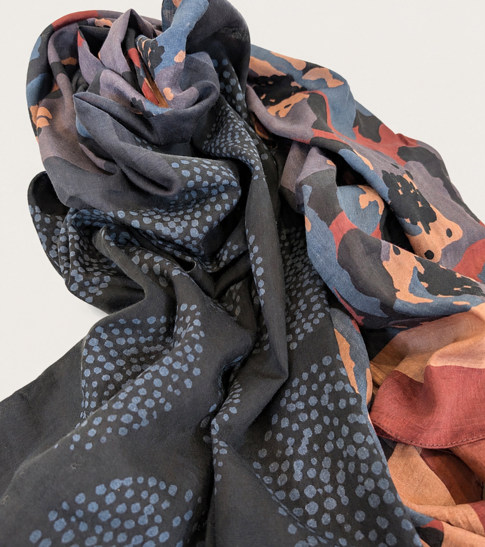 Grey chalkboard-style scarf with polka dots and flowers