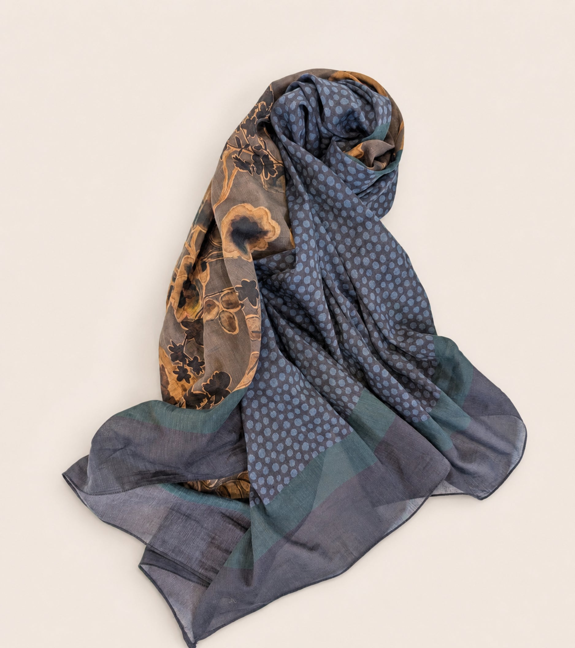 Army green printed cotton and silk scarf