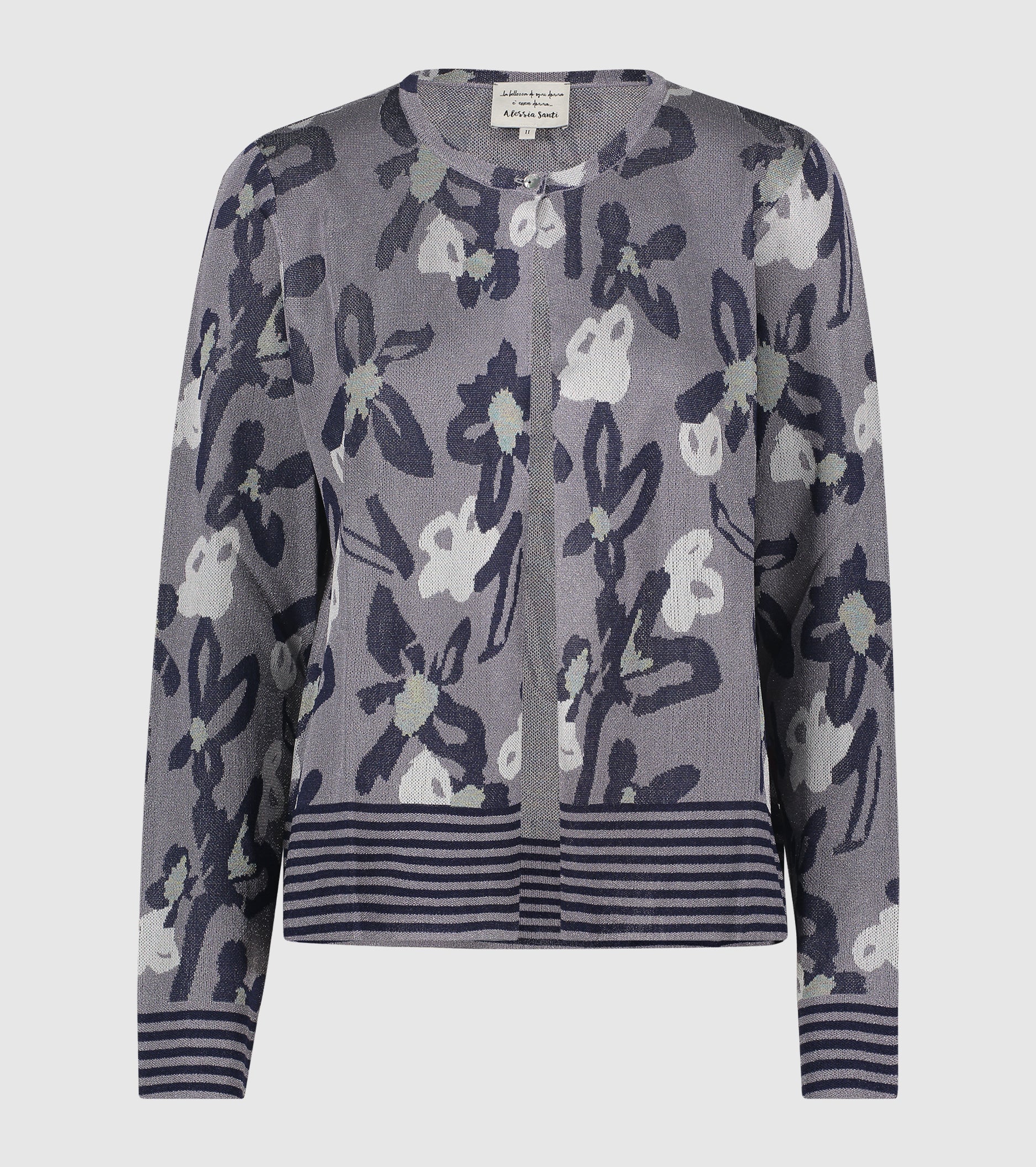Jacquard cardigan with silver round neck